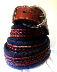 Navy Cotton/Brown Leather Casual Fashion Belt- size 40