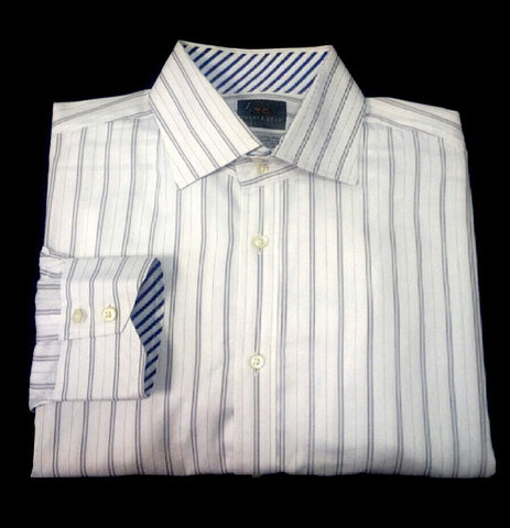 Thomas Dean- White/Brown/Blue Herringbone Pinstripe Cotton Dress Shirt – Mentauge