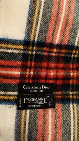 Vintage Christian Dior Scarf Grey Red Blue Plaid Cashmare 