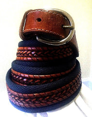 New- Navy Cotton/Brown Leather Casual Fashion Belt- size 36