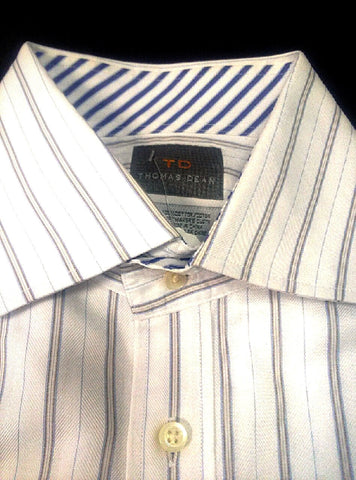 Thomas Dean- White/Brown/Blue Herringbone Pinstripe Cotton Dress Shirt – Mentauge