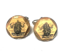 Vintage Scrimshaw 'Clipper-Ship' Gold/Ivory Novelty Cuff Links