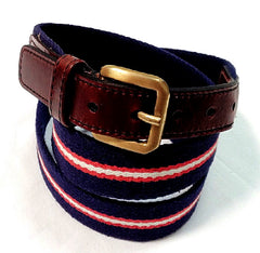 Navy/Red/White Stripe Canvas/Leather Casual Belt- size:(38-40)